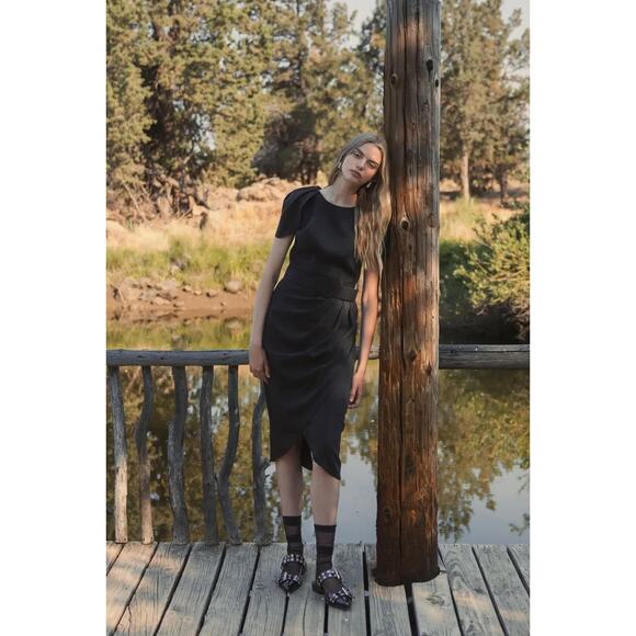 NWT Mac Duggal Black Crepe Belted Tulip Sleeve Midi Dress 8 Quiet Luxury Career - Picture 13 of 13